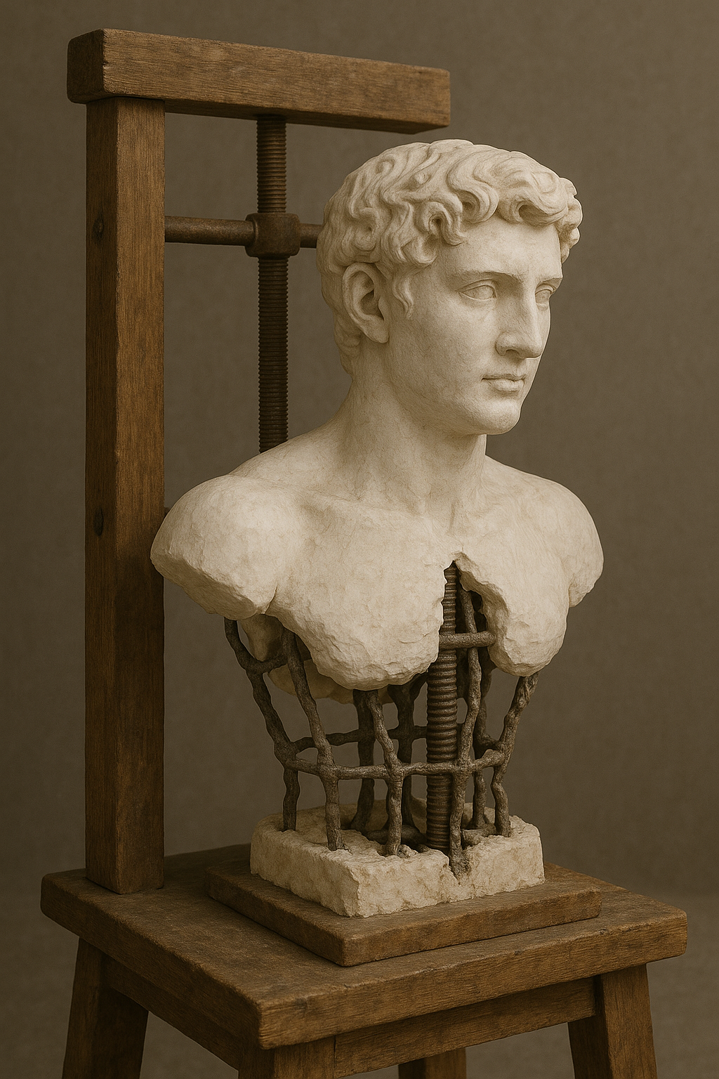 The marble sculpture appears to have been created using a specialized mechanism, the "torso machine," which is a device us...